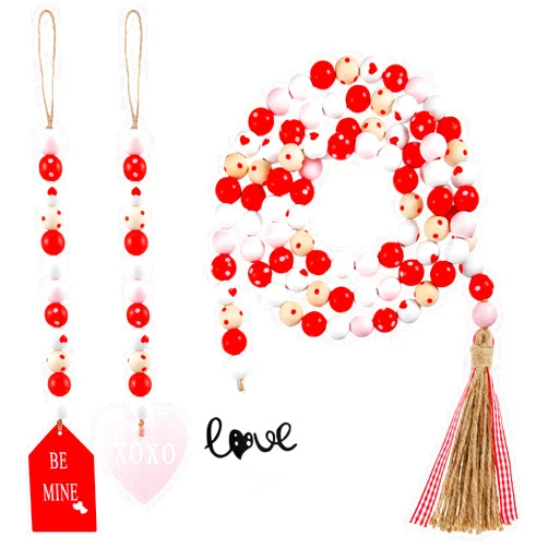 MTLEE 3 Pieces Valentine's Day Wood Bead Garland with Tassel Valentine Tiered Tray Decor 59 inch Rustic Farmhouse Wooden Bead with Jute Rope Wood Beads for Party Valentine's Day Present Home Decors