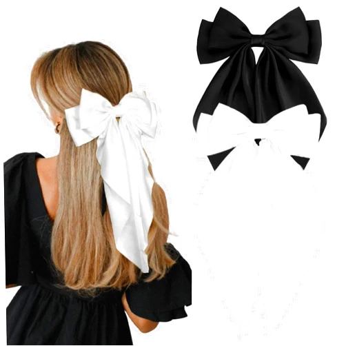 RSWETE 2Pcs Big Bow Hair Clips, Silky Satin Hair Bow Barrettes Long Tail Hair Ribbon Accessories Elegant Hair Bows for Women Girls (White & Black)