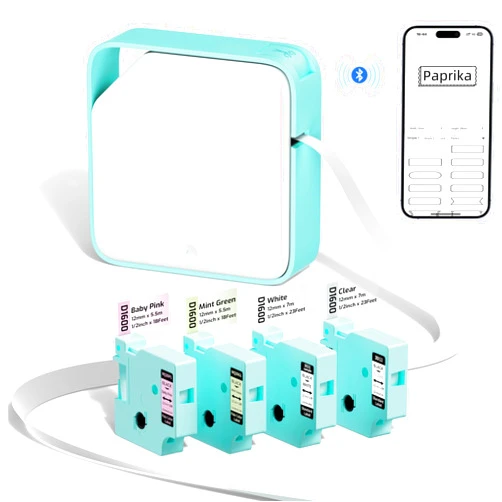 Vixic Label Maker Machine with Tapes, Handheld Portable Bluetooth Mini Label Printer, D1600 Small Labeler with 4 Color Waterproof Sticker Label (Clear/White/Pink/Green) for Home Office Organization