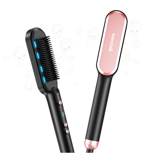 Wavytalk Hair Straightener Brush, Ionic Hair Straightening Brush with 6 Temperature Adjust, Anti-Scald Ceramic Hair Straightener Comb Fast Heating for Home Salon, Dual Voltage, Rose Gold.