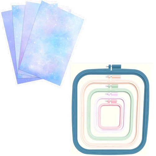 Pllieay 4 Pieces Printed Aida Cloth and 5 Pieces 5 Sizes Square Embroidery Hoops, 14 Count 18 x 12 Inch Cross Stitch Fabric and ABS Plastic Embroidery Hoops for DIY Embroidery Craft