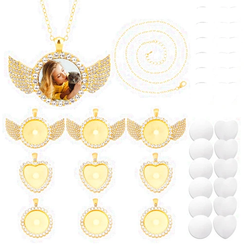 PH PandaHall 64pcs Sublimation Rhinestone Bezel Pendant Trays Set, 3 Shapes Gold Rhinestone Wing Bezel Pendant Tray Clear Glass Cabochons Blanks Tag Necklace Chain for DIY Necklaces Craft