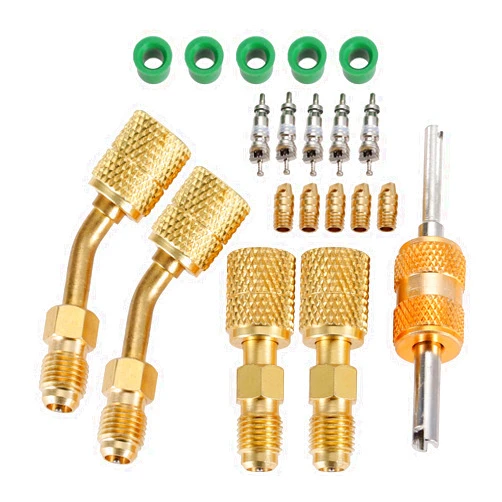 Gohantee R410a Adapter for Mini Split System, Charging Vacuum Port Adapter, 5/16 Female 1/4 Male Flare, Valve Core Remover, r134a Hose Gaskets, 5V1 Valve Cores, for HVAC and Refrigeration Service