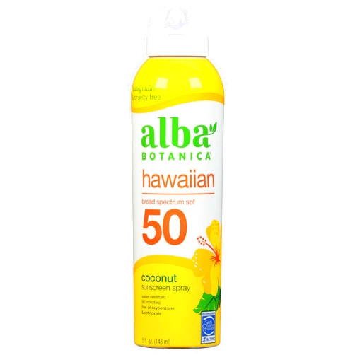Alba Botanica Sunscreen Spray for Face and Body, Broad Spectrum SPF 50 Sunscreen, Hawaiian Coconut, Water Resistant and Biodegradable, 5 fl. oz. Bottle