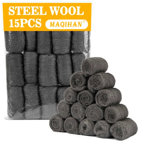 MAQIHAN Steel Wool Pads 0000 15PCS - Steel Wool 0000 Roll Glass Wood Fabric Metal Extra Fine Polishing Chrome Glass Polishing Pads Wool Steelwool Mice Control Weep Hole Covers Walls Fill