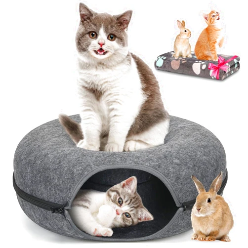 HOMAGICO Medium 20 Inch,Cat Tunnel Bed,HOMAGICO Peekaboo Cat Cave with Pet Blanket,Detachable Donut Tunnel Bed for Indoor Cats,Exercise Scratching & Hideway Cat Nest,Cat Up to 8 lbs(Dark Grey)