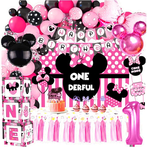 GREPARPY Minnie 1st Birthday Party Supplies Decorations, Minnie First Birthday Decorations Include Banner, Balloon Garland Arch, Backdrop, Balloon Box, Welcome Door Sign, Tablecloth, Headband, Toppers