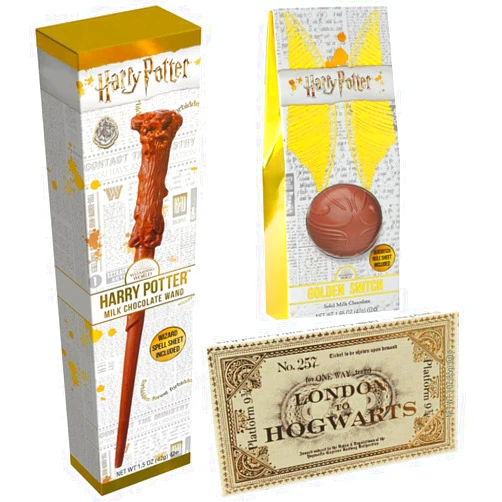 LYZA'S SWEETS & TREATS Jelly Belly Harry Potter Chocolates - Gift Pack of 3 - Chocolate Wand, Chocolate Golden Snitch, Platform 9 3/4 Ticket Chocolate Bar by Lyza's Sweets & Treats