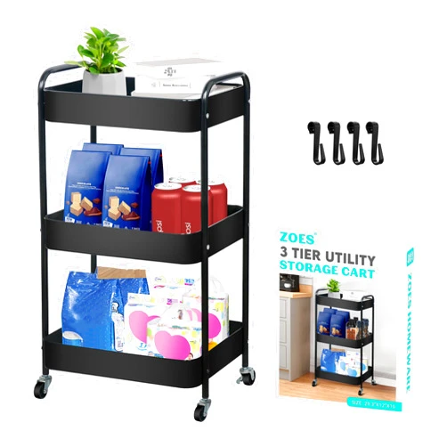 ZOES HOMEWARE 3 Tier Rolling Cart, Metal Utility Cart with 4 Hooks, Rolling Storage Cart on Wheels, Small Organizer Cart for Nursery, Kitchen, Living Room, Bathroom, Black