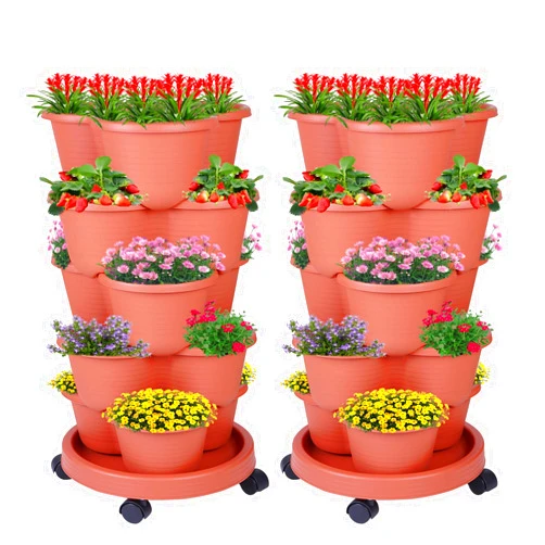 Pinky Family 5-Tier Vertical Garden Tower Stackable Planter for Strawberries, Flowers, Vegetables & Herbs 2-Pack