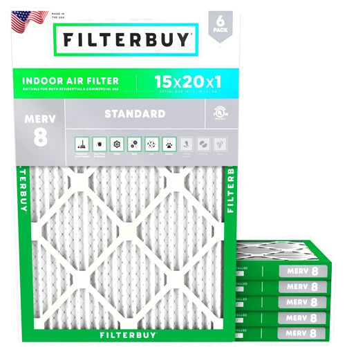 Filterbuy 15x20x1 Air Filter MERV 8 Dust Defense (6-Pack), Pleated HVAC AC Furnace Air Filters Replacement (Actual Size: 14.50 x 19.50 x 0.75 Inches)