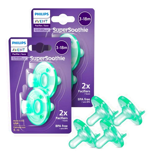 Philips Avent Soothie Orthodontic Baby Pacifiers, 100% Silicone Pacifiers, One Piece, BPA-Free, for Babies 3-18 Months, Green, 4 Pack, Model SCF192/45