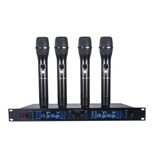 Sound Town 200 Channels Adjustable UHF Wireless Microphone System with Metal Receiver, 4 Handheld Mics and Auto Scan, for Church, School, Outdoor Wedding, Meeting, Party and Karaoke (NESO-SU4HH)