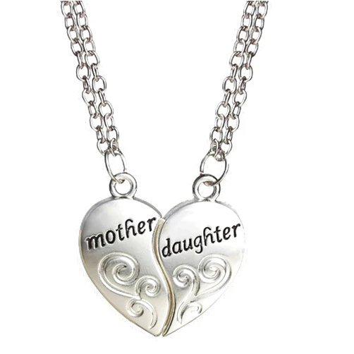 GOOIT 2 Pieces Heart Pendants Necklace Mother and Daughter Pendant Sweater Chain Fashion Jewelry Christmas Birthday Gift