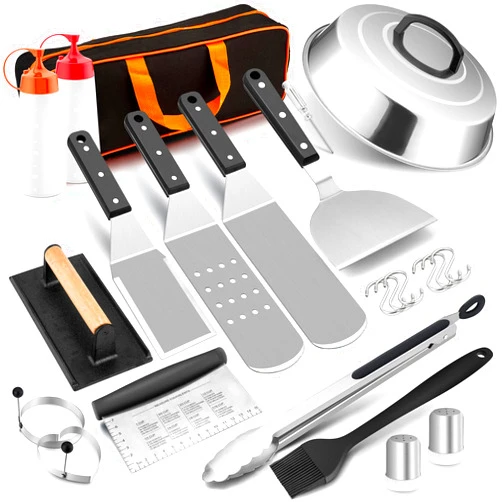 HaSteeL Griddle Accessories Kit of 16, Professional Stainless Steel Griddle Spatula Tools in Storage Bag, Heavy Duty Metal Spatulas/Chopper/Burger Press/Melting Dome for Teppanyaki Flat Top BBQ Grill