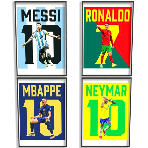 BAOGELI Messi, Ronaldo, Mbappe, Neymar Poster Soccer Canvas Poster Wall Art Print Set of 4 Gifts for Boys Living Room Bedroom Decor Unframed: 8x12inch