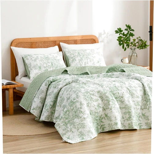 Wonderful Spring Fresh Quilt, Sage Green Floral Bedspread Queen Size, 3 Piece Cotton Vintage Farmhouse Bedding Set, Machine Washable Lightweight Soft Bed Cover for All Season | breathable material, Hypoallergenic soft