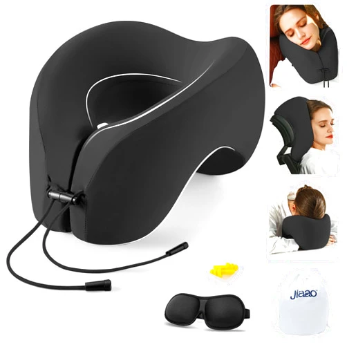 Jiaao Neck Pillow Airplane, Memory Foam Travel Pillow, Travel Essentials with 3D Eye Masks, Earplugs and Storage Bag, U Shaped Neck Support for Airplane, Train, and Car