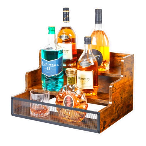 Yuzehuaza 3 Step Countertop Liquor Bottle Display Shelf, Wood Bar Shelves 12 Bottles with Fences, Freestanding Storage Shelves for Liquor Whiskey Wine Coffee Syrup Display, Retro Wine Rack Home (Patent Pending)