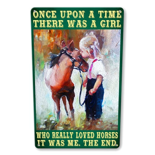 LOVEJIA Once Upon A Time There Was A Girl Who Really Loved Horses Sign Metal Tin Signs,Vintage Little Girl kissing Pony Art Poster Plaque Home Bedroom Baby Nursery Farmhouse Wall Decor 8x12 Inch
