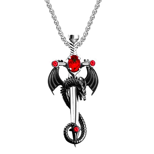 FUTIMELY Gothic Dragon Sword Cross Pendant Necklace - Punk Zircon Dragon Pendant - Vintage Wrapped Sword - Dark Gothic Jewelry for Men & Women