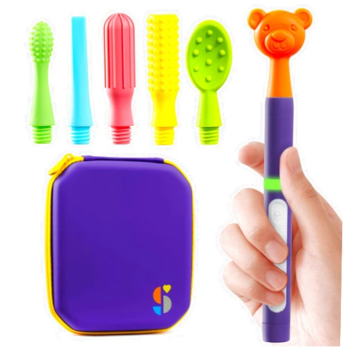 Special Supplies Buzz Buddy Oral Motor Stimulation kit with 6 Soft Textured Interchangeable Heads, Calm Sensory Needs, Support Speech, and Stimulate Self Feeding, Gentle Vibrations (Purple)