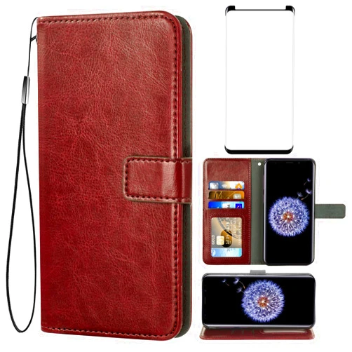 Asuwish Compatible with Samsung Galaxy S9 Plus Wallet Case Tempered Glass Screen Protector Leather Flip Cover Card Holder Stand Cell Accessories Phone Cases for Glaxay S9+ 9S 9+ S 9 9plus S9plus Brown