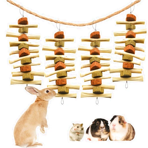 kathson 4 Pcs Bunny Chew Toys for Teeth,Rabbit Hanging Chew Toy Grinding Natural Sweet Bamboo Sticks with Timothy Hay Grass and Carrot Cake for Improve Rodent Small Animals Dental Health