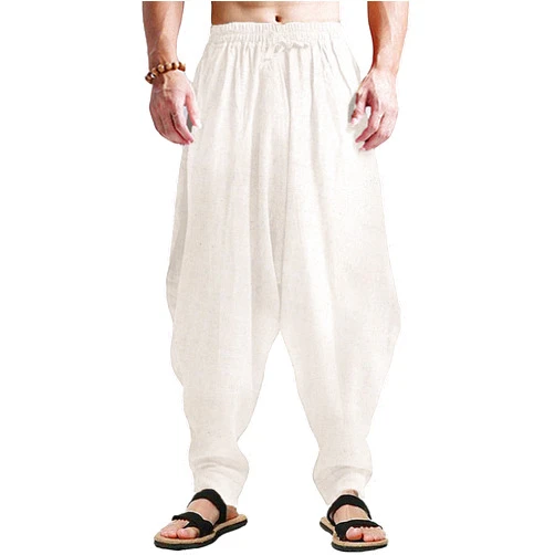 CLANMILUMS Men's Cotton Harem Pants Casual Loose Hippie Drop Crotch Trouser