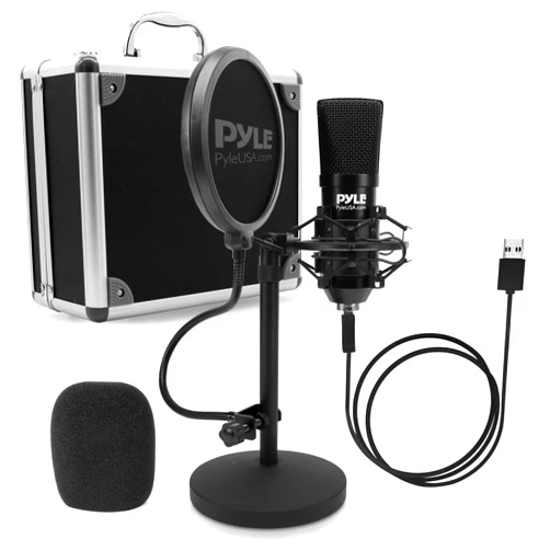 Pyle USB Microphone Podcast Recording Kit - Audio Cardioid Condenser Mic w/Desktop Stand and Pop Filter - for Gaming PS4, Streaming, Podcasting, Studio, YouTube, Works w/Windows Mac PC - Pyle PDMIKT120