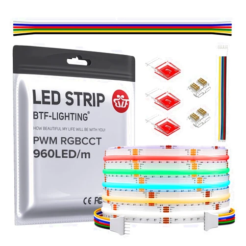 BTF-LIGHTING FCOB COB LED Strip RGBCCT Color Changing Flexible High Density Light RGB+CCT Tunable 3000K-6000K 16.4FT 960LED/m DC24V 12mm Width for Indoor Decor Project (No Adapter or Controller)