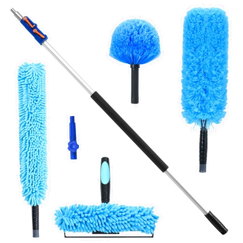 SHINMING 20 Foot High Reach Duster Kit with 5-12FT Telescoping Pole - High Ceiling Dusting and Window Cleaning Kit, Cobweb Duster, Window Washer & Squeegee, Fan Duster and Feather Duster