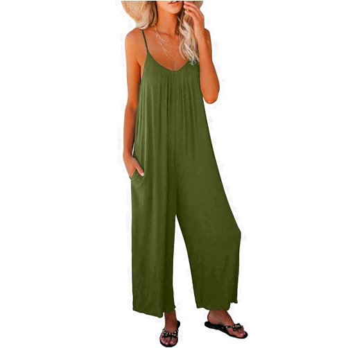 SHANZHEN Womens Casual Sleeveless Jumpsuits Fashion V Neck Adjustable Strap Loose Long Pants Rompers with Pockets