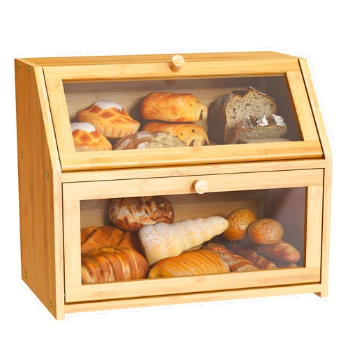 BMOSU Farmhouse Bread Box for Kitchen Countertop Bread box Double Layer Bamboo Wooden Extra Large Capacity Bin Kitchen Food Storage Container(Natural)