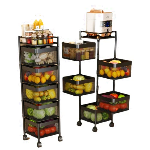 CLAYHU Rotating Rack with Lockable Casters & Removable Stainless Steel Basket, Fruit & Vegetable Storage Rack for Kitchen, Bathroom or Bedroom (Black, 5 Tier)