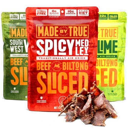 True Jerky Made by True Beef Sliced Bites Spicy Variety (2 oz, Pack of 3) - All Natural, Zero-Sugar True Jerky Biltong - High Protein, Keto, Paleo & Whole30 Diet - Sugar-Free, Gluten-Free, Carb-Free