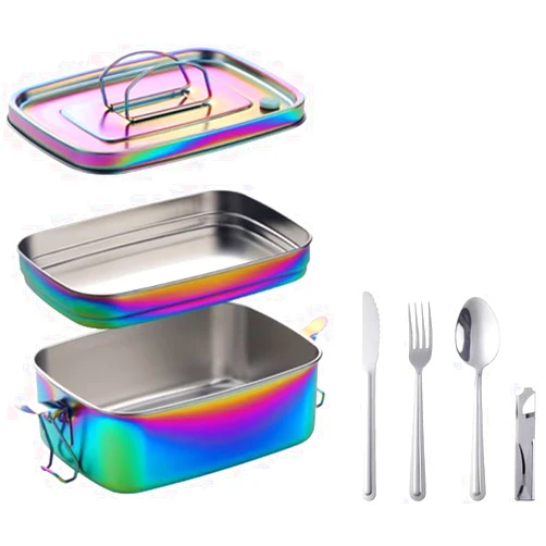 DOCBLACK 18/10 Stainless Steel Double-Layer Large Capacity Bento Box,4-in-1 Portable Tableware Food ContainerEco-Friendly Lunch Box with Cutlery, Leakproof Stackable for Adult,Dishwasher Safe-Rainbow