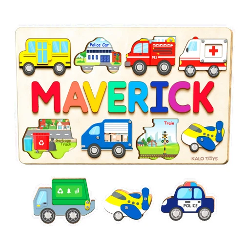 Kiuties Personalized Wooden Name Puzzle for Toddlers, 8-Piece Vehicle Puzzle Playset with Sensory Features for Fine Motor Skills and Educational Fun, Including Fire Truck, Police Car, School Bus, Garbage Truck, and More – Montessori Gift for Kids 1-4 NP56