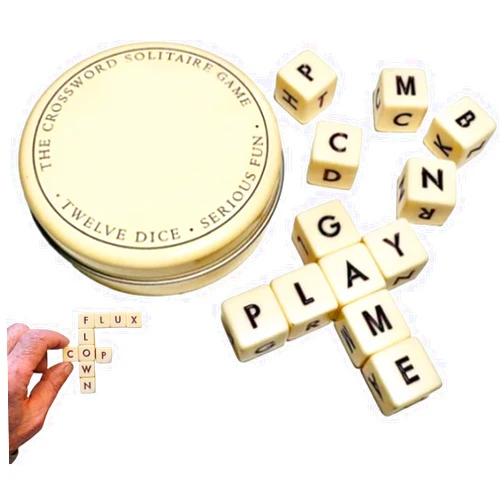 Tikhell The Crossword Solitaire Game, Qless Crossword Solitaire Dice Game with 12 Dice Letters Set Travel Scrabble Game with Case Crossword Letter Tiles for Kids Fun (1PCS)