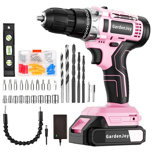 GardenJoy Cordless Power Drill Set - 21V Electric Drill Driver Kit with Battery and Fast Charger, 65pcs Acessories, 2 Variable Speed Control, 3/8-Inch Keyless Chuck and 24+1 Torque Setting