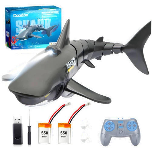 Coodoo 2.4G Remote Control Shark Toy 1:18 Scale High Simulation Shark Shark for Swimming Pool Bathroom Great Gift RC Boat Toys for 6+ Year Old Boys and Girls (with 2 Batteries)