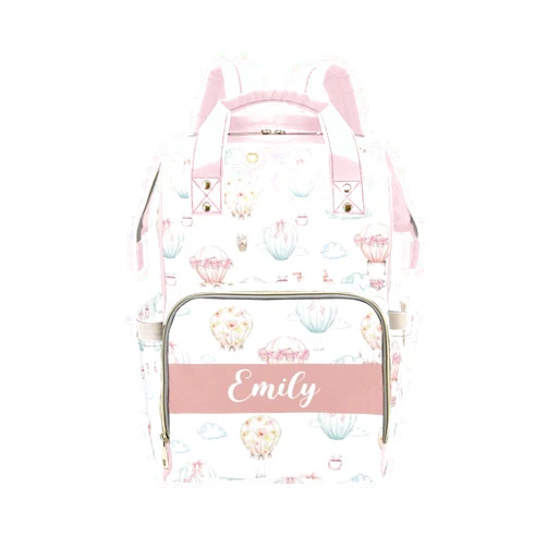 Noverbibi Custom Diaper Bag with Name Personalized Hot Air Balloons Nylon Travel Backpack for Holiday Travel Customized Nappy Changing Bag with Pockets for New Mom