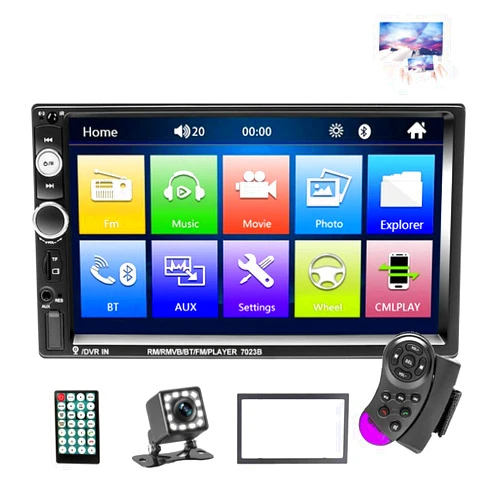 EKAT Double Din Car Stereo Receiver Bluetooth 7 Inch Touch Screen Car Radio Head Unit MP5 Video Digital Player Support Mirror Link TF FM AUX USB + Backup Camera and Remote Control