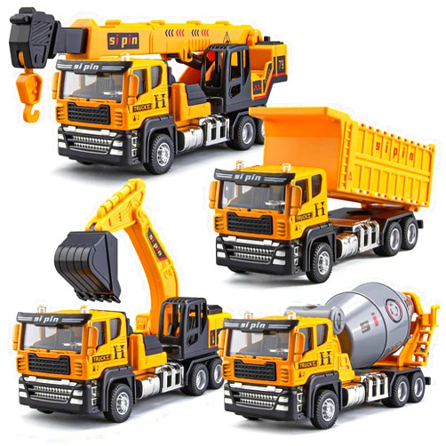 TAKGUD 4 Packs Metal Construction Trucks Playsets, Mini Friction Powered Engineering Vehicle, Crane, Excavator, Cement Mixer, Dump Truck Toys for Boys 3-5 Years Old, Die-Cast Trucks for Toddlers Kid