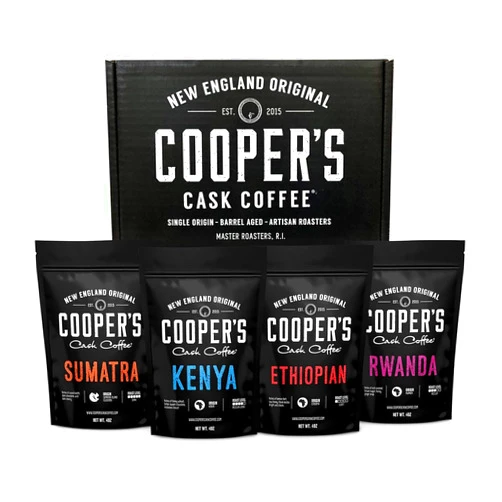 Cooper's Cask Coffee Gourmet Coffee Sampler Gift Box Set, Roasted Coffee Beans, Sumatra Dark, Kenya AA Medium-Dark, Rwanda Medium, Natural Ethiopian Light, Whole Bean, 4 Bags, 16 oz Total