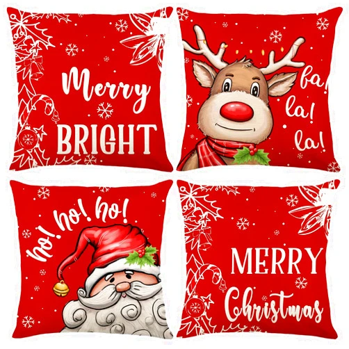 ARPOVIST Merry Christmas Merry&Bright Santa Dwarf Throw Pillow Covers Set of 4, 18 x 18 Inch Christmas Holiday Xmas Square Linen Cushion Covers for Sofa Couch Home and Car (Red)