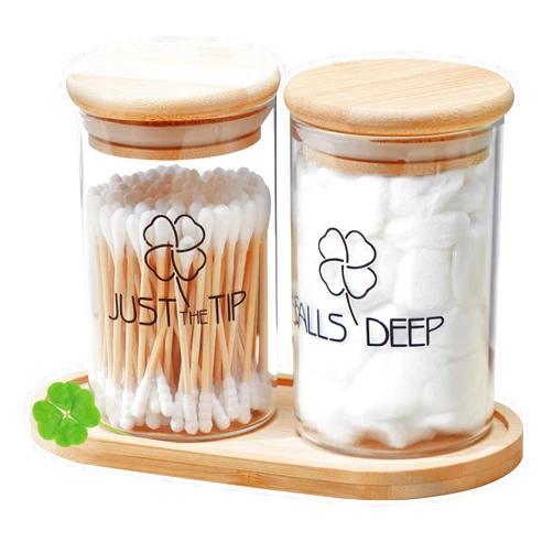 YOYOJOY Qtip Holder Bathroom Set, Apothecary Jars with Lids for Bathroom Organization, Balls Deep Just The Tip Qtip Holder with Bamboo Tray, Rustic Bathroom Decor