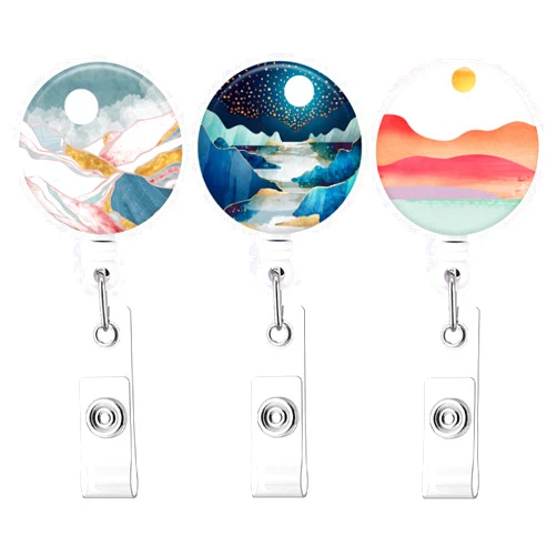 HEVITDA Badge Reel Retractable Cute ID Card Badge Holder with Sturdy Alligator Clip Name Nurse Decorative Badge Reel Clip on Card Holders (3 Pack Mountains & Sun)
