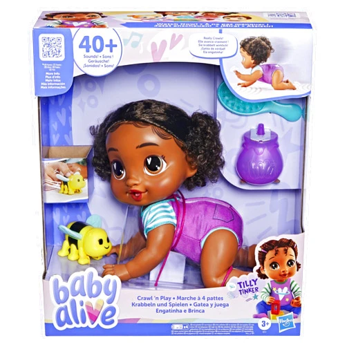 Baby Alive Crawl 'n Play Tilly Tinker Electronic Crawling Baby Doll Set, Black Hair, Kids Toys for Girls & Boys 3 Years & Up, 10.75 Inches