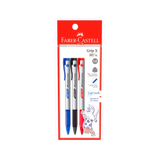 Faber-Castell Grip X Ergonomic Ballpoint Pen Pack of 3 (1.0mm - Blue, Red, Black) Triangular Barrel, Fatigue Free Writing, Super Smooth